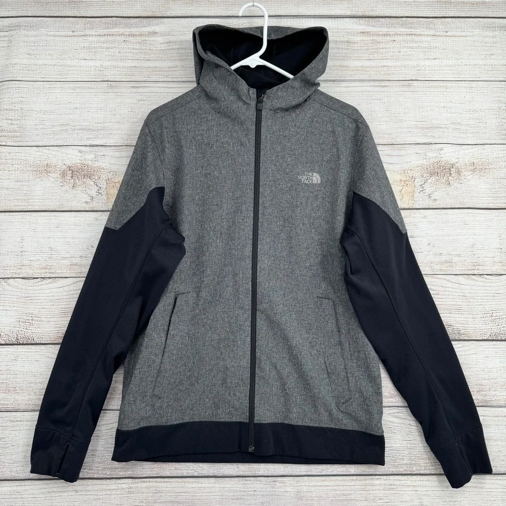 The North Face Full Zip Hoodie Mens Medium‎ Gray Black Softshell Fleece Jacket